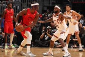 NBA常规赛热巴25+12+8 巴特勒连得关键9分 布克+比尔34中11 热火射日